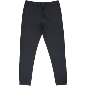 A pair of black track pants with a drawstring and elastic cuffs, featuring a small logo.
