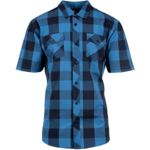 A short-sleeved blue and black plaid button-up shirt with front pockets and a logo.