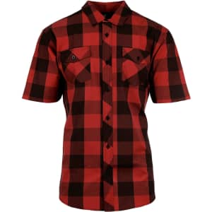 A short-sleeve red and black plaid shirt with a button-up design and a logo on the back.