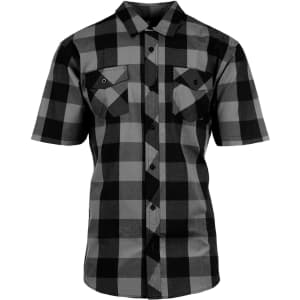 A black and grey checkered short sleeve button-up shirt featuring two chest pockets and a logo.