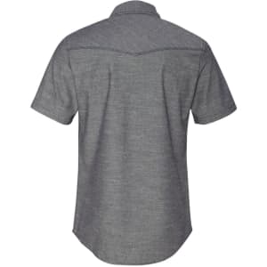 A short sleeve chambray shirt in grey with a collar and a slight curved hem, featuring a logo on the back.