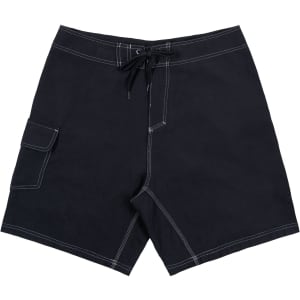 Solid black men's board shorts with a drawstring waistband and a side pocket. Features contrasting stitching and a logo.