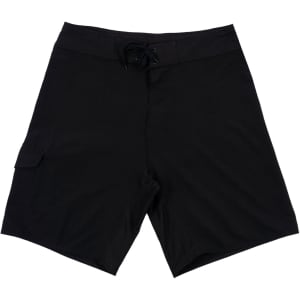 Men's black Tsunami stretch board shorts with a drawstring waist and side pocket. Features a logo on the design.