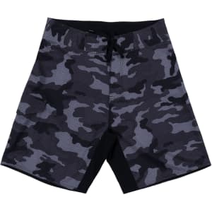 4-way stretch dobby boardshorts in grey and black camouflage pattern, featuring a drawstring waistband and a logo.