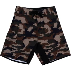 4-Way stretch boardshorts in a camouflage pattern featuring brown, black, and taupe colours with a logo on the waistband.