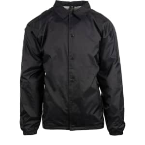 A black coaches jacket with buttons and a collar, featuring a logo on the front.
