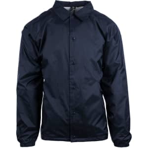 A navy blue Coaches Jacket with a collared neckline and button-up front, featuring long sleeves and a logo.
