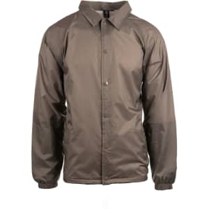 A brown coaches jacket with a collar and snap button closure, featuring elasticised cuffs and a simple design.