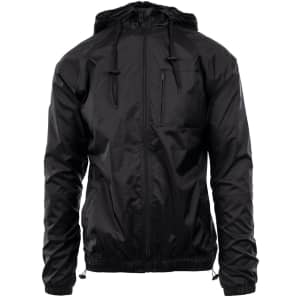 A black nylon jacket featuring a hood, zippered pockets, and a 600 PU coating for added durability.