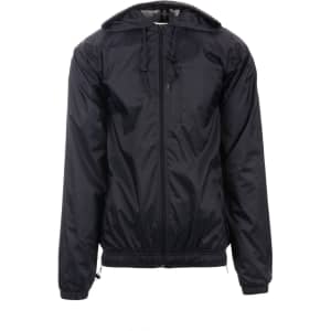 A black nylon jacket featuring a hood, front zip, and elasticised hem. Includes a small pocket and branding.