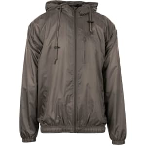 A nylon jacket in grey with a hood and adjustable drawstrings, featuring a zippered front pocket and elastic cuffs.