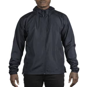 A lightweight windbreaker jacket in navy blue, featuring a hood and drawstrings, with a logo on the front.