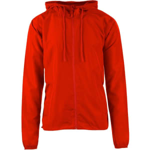 A lightweight windbreaker in bright red, featuring a hood and a zip closure, with a logo on the front.