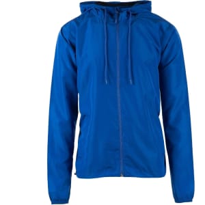 A lightweight windbreaker in a bright blue colour with a hood and front zip. It has elastic cuffs and a casual fit.
