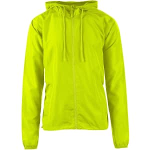 A lightweight windbreaker in bright green with a hood and front zip, featuring a logo on the side.
