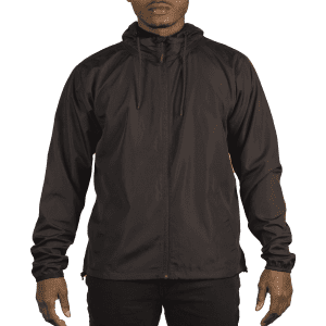 A lightweight black windbreaker jacket with a hood, featuring a zipper and drawstring adjustments.
