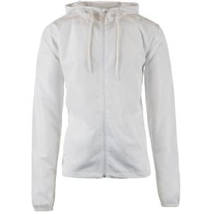 A lightweight windbreaker in white with a front zip and drawstring hood, featuring long sleeves.