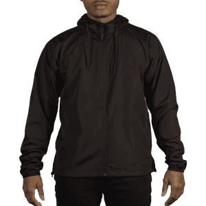A lightweight windbreaker in black, featuring a zipper and a hood, displayed on a model with arms at sides.