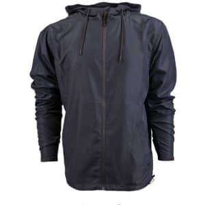 A lightweight black windbreaker jacket featuring a hood and a zip closure, with adjustable drawstrings.