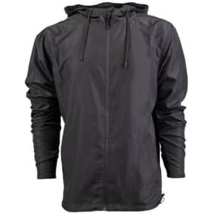 A lightweight black windbreaker jacket featuring a hood and elasticised cuffs, with a front zip closure and a logo.