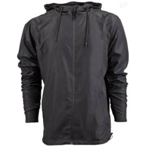 A lightweight black windbreaker jacket with a hood and drawstring, featuring a full front zip and long sleeves.