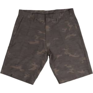 Coated dual function shorts in a camouflage pattern, featuring a button and zip closure, and a branded tag.