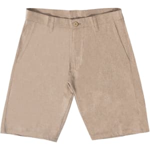 Beige coated dual function shorts featuring a button closure and multiple pockets, with a logo present.
