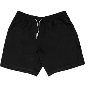 Black jersey shorts with an elastic waistband and drawstring, featuring side pockets. Includes a logo.