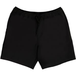 A pair of black sports shorts featuring an elastic waistband and a drawstring for adjustable fit.
