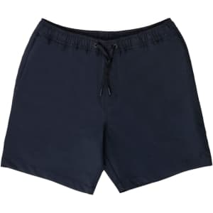 Navy blue sports shorts with an elastic waistband and drawstring, featuring a logo. Suitable for active wear.