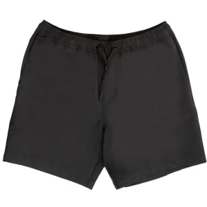 Black sports shorts with an elastic waistband and drawstring, featuring a logo.