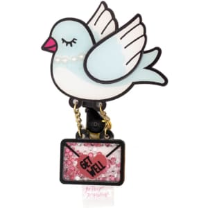 A retractable badge holder featuring a blue bird design and a pink and white envelope with decorative elements.
