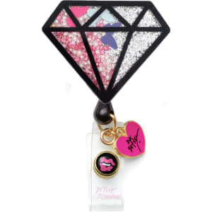 A black and pink diamond-shaped retractable badge holder with sparkling details and decorative charms.