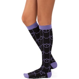 Compression socks in black with purple accents and a patterned design. Features a logo at the bottom.