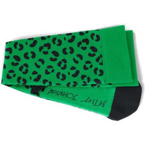 A pair of green compression socks featuring a black leopard print pattern and a black toe section.