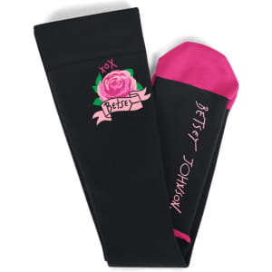 A pair of black compression socks featuring a pink toe and rose design, with a logo on one sock.