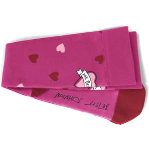A pair of pink compression socks with a heart pattern and a red foot section, featuring a logo.