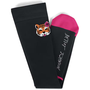 Two black compression socks featuring a pink toe and a tiger design with a flower, including a logo.