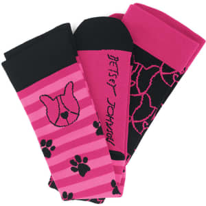 A pack of three compression socks featuring pink and black designs, including stripes and a paw print pattern.