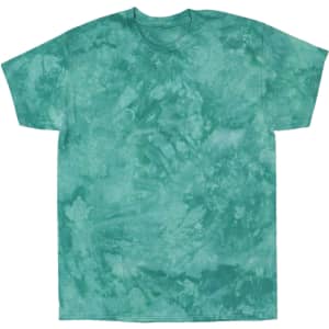 A mint green tie dye t-shirt with a swirling pattern and a simple crew neck design. It has a logo on the label.
