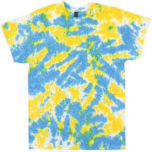 A bright tie dye t-shirt featuring blue, yellow, and green patterns with a relaxed fit and a logo.