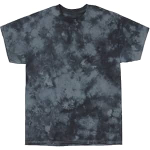 A tie-dye t-shirt featuring shades of dark grey and charcoal, with a loose, relaxed fit and a logo on the front.