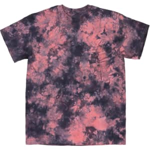 A tie-dye T-shirt featuring shades of pink and purple, with a relaxed fit and a logo present.
