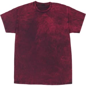 A mineral wash tie dye t-shirt in a deep burgundy colour, featuring a relaxed fit and a brand logo.