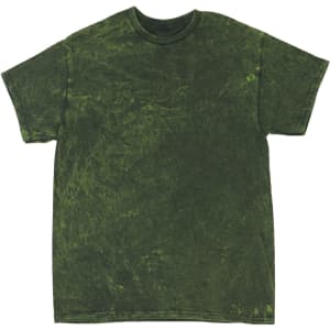 A Mineral Wash Tie Dye T-shirt in various shades of green, featuring a relaxed fit and a logo printed on the front.