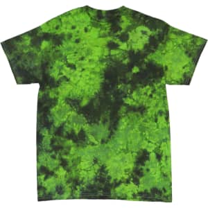 A tie-dye t-shirt featuring a vibrant green pattern with black accents and a relaxed fit. It has a logo.
