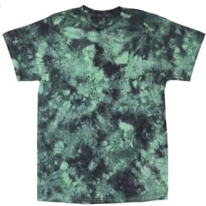 A green and black tie-dye T-shirt featuring a swirling pattern. The shirt is short-sleeved and has a logo.