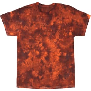An orange and maroon tie-dye T-shirt with a swirling pattern. Features a logo on the shirt.