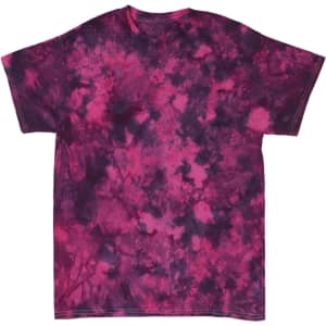 A vibrant tie-dye t-shirt featuring shades of pink and dark purple with an abstract pattern.