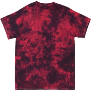 A red and black tie-dye t-shirt featuring a swirling pattern, with a branding logo on the garment.